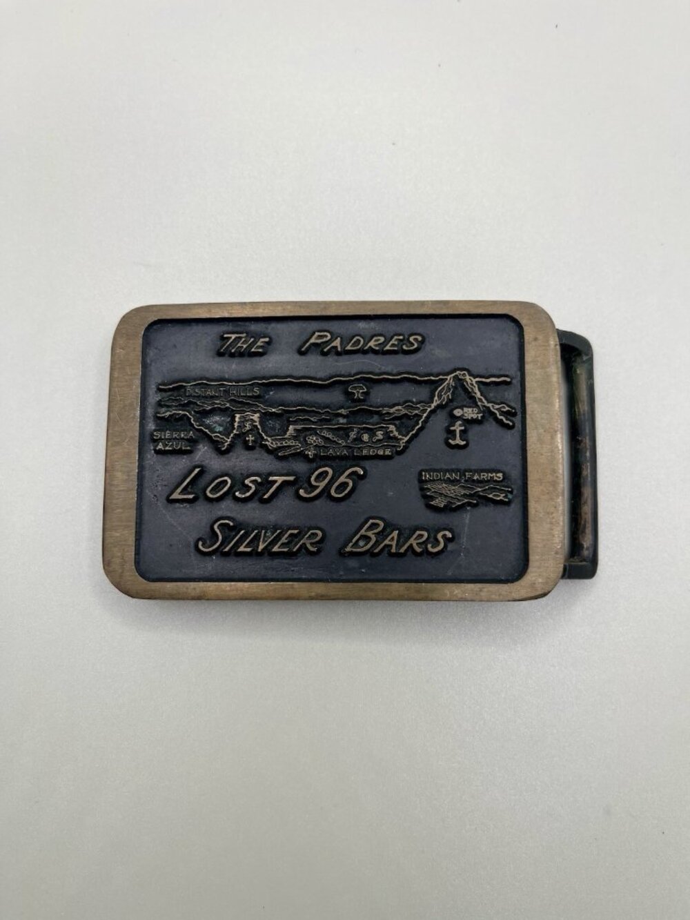 VTG 1983 Treasure Trove Brass Belt Buckle Padres Lost 96 Silver Bars AZ Western